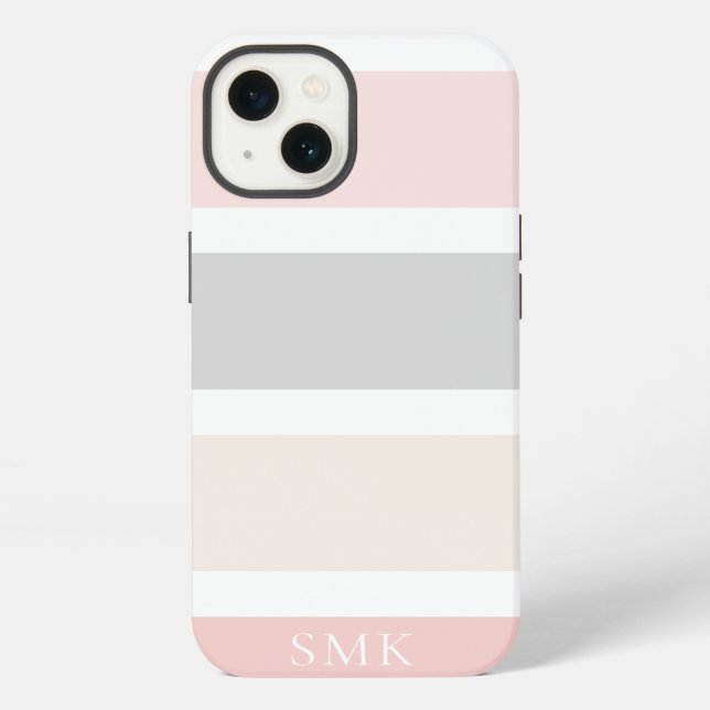 Coque iPhone Simple Moderne Monogramme Rayures Rose Gris Crème (Verso)