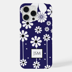 Coque iPhone 15 Pro Max Simple Rétro Bohème Fleur de Daisy Bleu Marine et