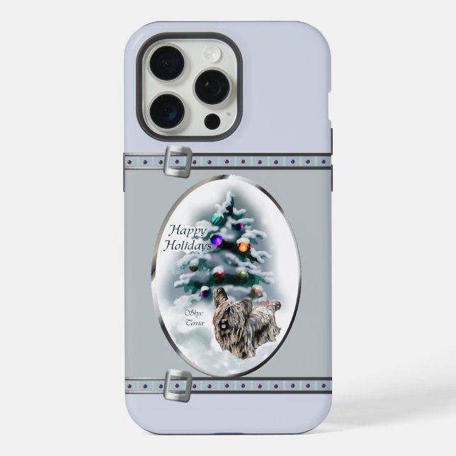 Coque iPhone Skye Terrier Mignon Bleu Fêtes de Noël (Verso)