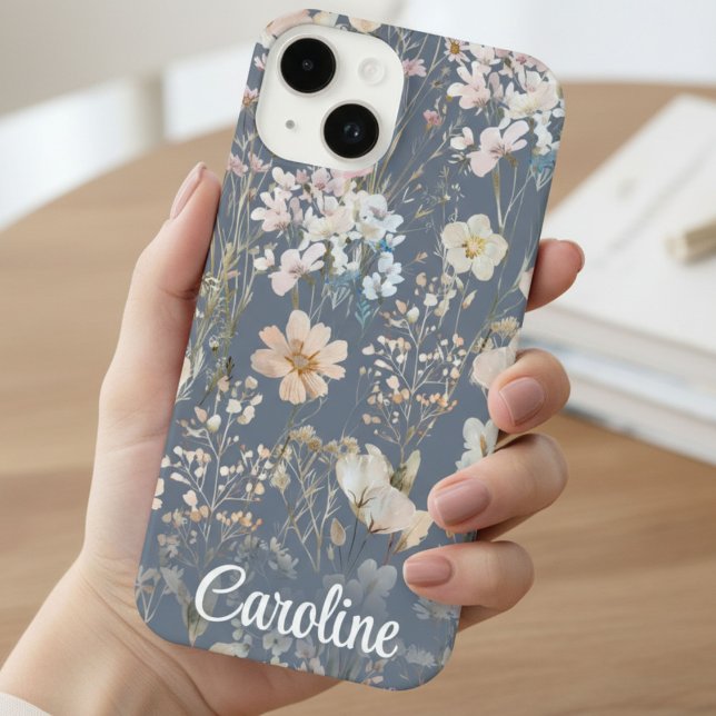 Coque iPhone Slate Blue Floral Personalized  (Créateur téléchargé)