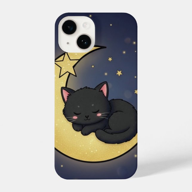 Coque iPhone Sleeping Black Cat Gold Crescent Moon Celestial (Verso)