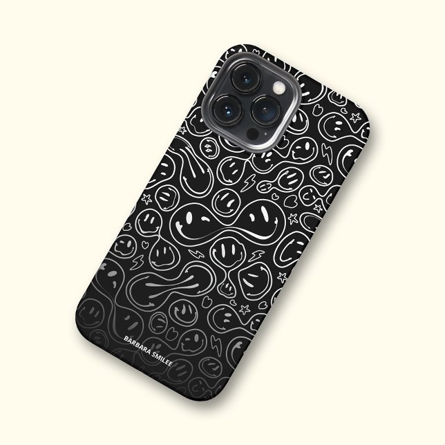 Coque iPhone Smile moderne Sourire Visage Motif Nom personnalis (Modern smile face, smiling face, smile pattern, smiling face pattern, black and white custom name)