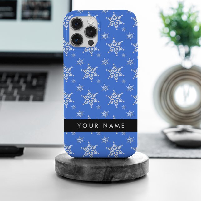 Coque iPhone Snowflakes blanc, Bleu, Votre nom, Personnaliser (Créateur téléchargé)