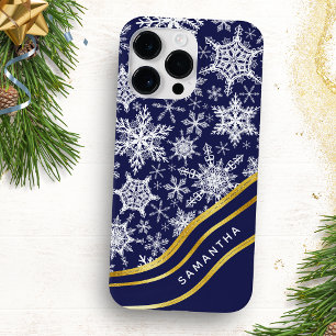 Coque iPhone 15 Pro Max Snowflakes bleu marine de Noël personnalisés
