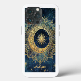 Etui iPhone 13 Pro Soleil bleu céleste d'or personnalisé Mandala
