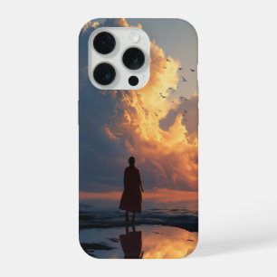 Coque iPhone 15 Pro Solitude au coucher du soleil : femme en robe roug