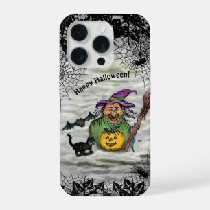 Coque iPhone 15 Pro Sorcière, Chat, Chauve-souris et Citrouille, Joyeu
