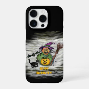 Coque iPhone 16 Pro Sorcière, Chat, Chauve-souris et Citrouille, Joyeu