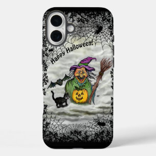 Coque iPhone 16 Plus Sorcière, chat, chauve-souris et citrouille, Joyeu