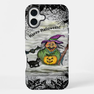 Coque iPhone 16 Plus Sorcière, chat, chauve-souris et citrouille, Joyeu