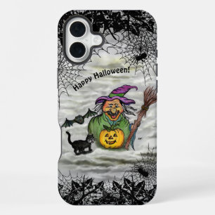 Coque iPhone 16 Plus Sorcière, Chat, Chauve-souris et Citrouille, Joyeu