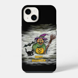 Coque Pour iPhone 14 Sorcière, chat, chauve-souris et citrouille, Joyeu