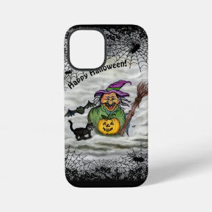 Coque iPhone 12 Mini Sorcière, Chat, Chauve-souris et Citrouille, Joyeu