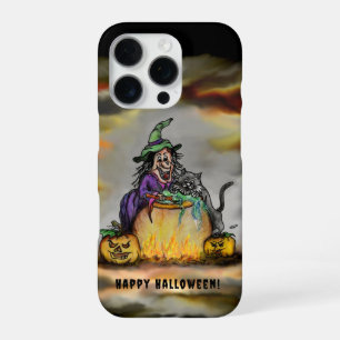 Coque iPhone 16 Pro Sorcière et chat noir, Happy Halloween !
