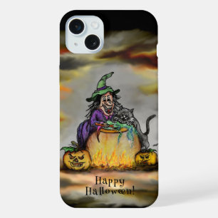 Coque iPhone 15 Plus Sorcière et chat noir, Happy Halloween !