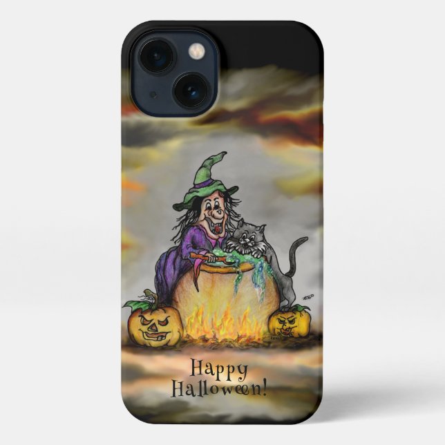 Coque iPhone Sorcière et chat noir, Happy Halloween ! (Verso)