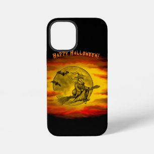 Coque iPhone 12 Mini Sorcière volante avec chat noir, nuit d'Halloween