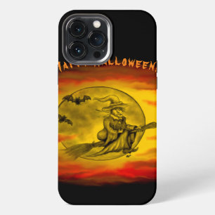 Etui iPhone 13 Pro Max Sorcière volante avec chat noir, nuit d'Halloween