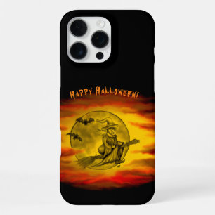 Coque iPhone 16 Pro Max Sorcière volante avec chat noir, nuit d'Halloween