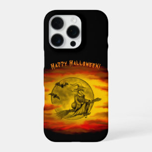 Coque iPhone 16 Pro Sorcière volante avec chat noir, nuit halloween