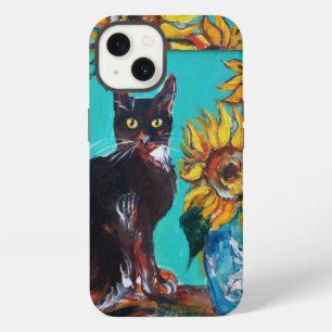 ETUI iPhone 13 SOUCHES AVEC CHAT NOIR EN TURQUOISE BLEUE