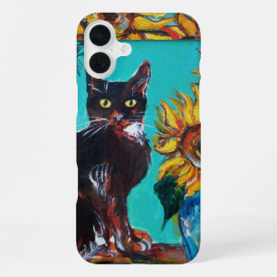 COQUE iPhone 16 PLUS SOUCHES AVEC CHAT NOIR EN TURQUOISE BLEUE