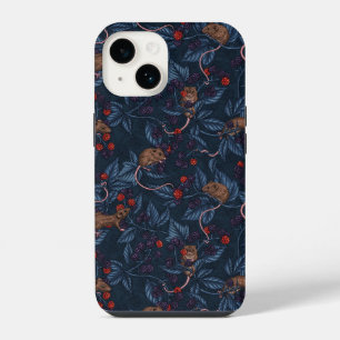 Coque Pour iPhone 14 Souris et mûres sur fond bleu marine 