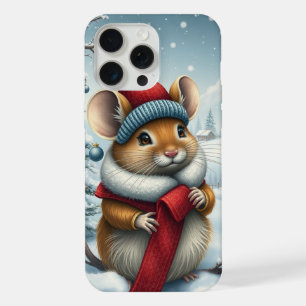 Coque iPhone 15 Pro Max Souris Mignonne en Tenue Prépa et Chapeau d'Hiver