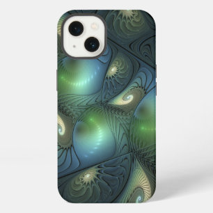 Etui iPhone 13 Spirales Cool Beige Vert Turquoise Art Fractal
