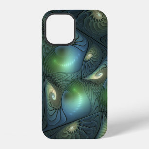 Coque iPhone 12 Spirales Vert Sable Abstrait Art Fractal