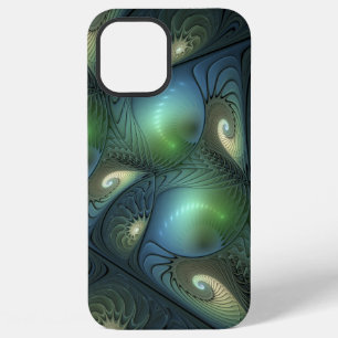 Coque iPhone 12 Pro Max Spirales Vert sarcelle Beige Art Fractal Abstrait
