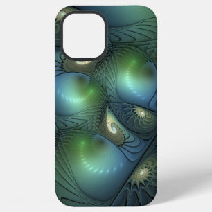 Coque iPhone 12 Pro Max Spirales Vert Sarcelle Beige Art Fractal Abstrait