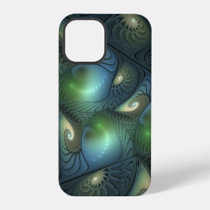 Coque iPhone 12 Pro Spirales Vert Turquoise Beige Art Fractal Abstrait