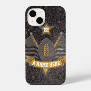 Coque Pour iPhone 14 Sports d'équipe Noir et Or Paillettes Football uni