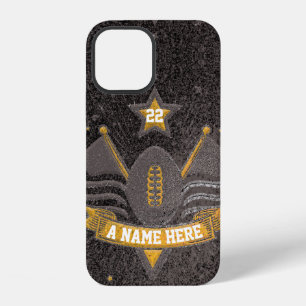 Coque iPhone 12 Sports d'équipe noir et or paillettes football uni