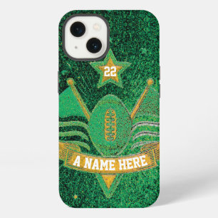 Etui iPhone 13 Sports d'équipe Vert et Or Paillettes Football uni