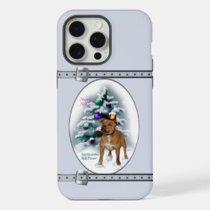 Coque iPhone 15 Pro Max Staffordshire Bull Terrier Vacances de Noël bleues