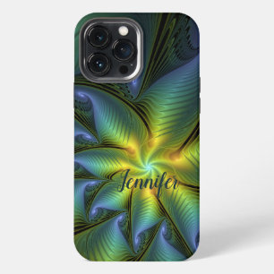 Etui iPhone 13 Pro Max Star Abstrait bleu brillant Vert or Fractal Nom