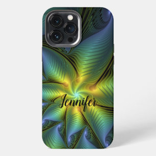 Etui iPhone 13 Pro Max Star Abstrait bleu brillant Vert or Fractal Nom