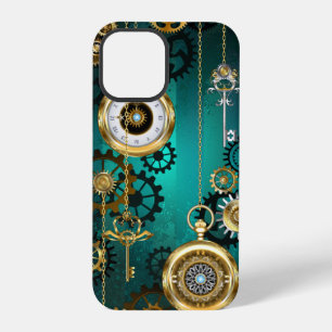 Coque iPhone 12 Pro Steampunk Jewelry Watch on a Green Background