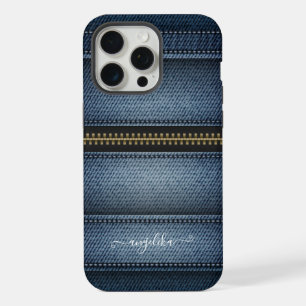 Coque iPhone 15 Pro Max Style de jeans en denim avec coutures et fermeture