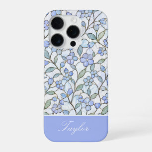 Coque iPhone 16 Pro Style de vitrail Nom personnalisé floral bleu