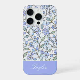 Coque iPhone 16 Pro Style de vitrail Nom personnalisé floral bleu