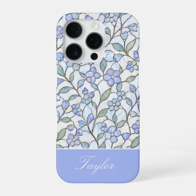 Coque iPhone Style de vitrail Nom personnalisé floral bleu (Verso)