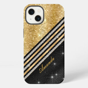 Etui iPhone 13 Stylé faux cristal or et noir Personnalisé C