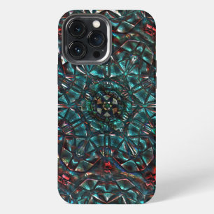 Etui iPhone 13 Pro Max style kaléidoscope vieux métal chrome bleu vert