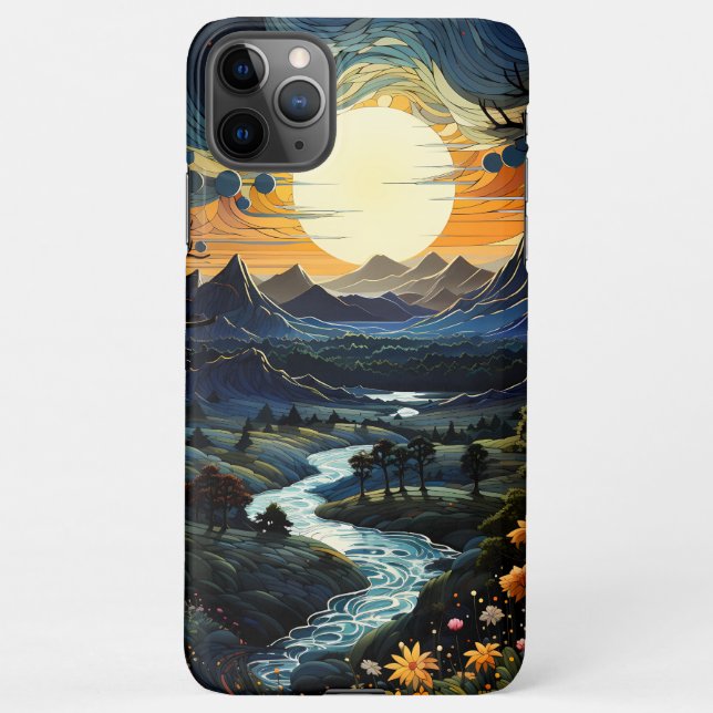 Coque iPhone Style ondulé Sun Cloudy Mountain Pointillisme (Dos)