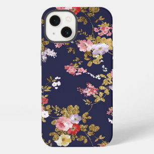 Etui iPhone 13 Stylish bleu marine or rose boho floral