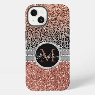 Etui iPhone 13 Stylish Girly Rose Gold Glitter Leopard Monogram