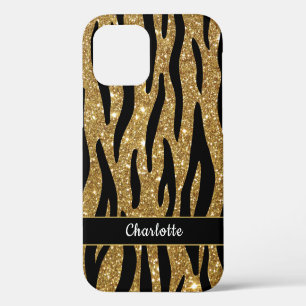Coque iPhone 12 Stylish Gold Glitter Tiger Stripe Nom
